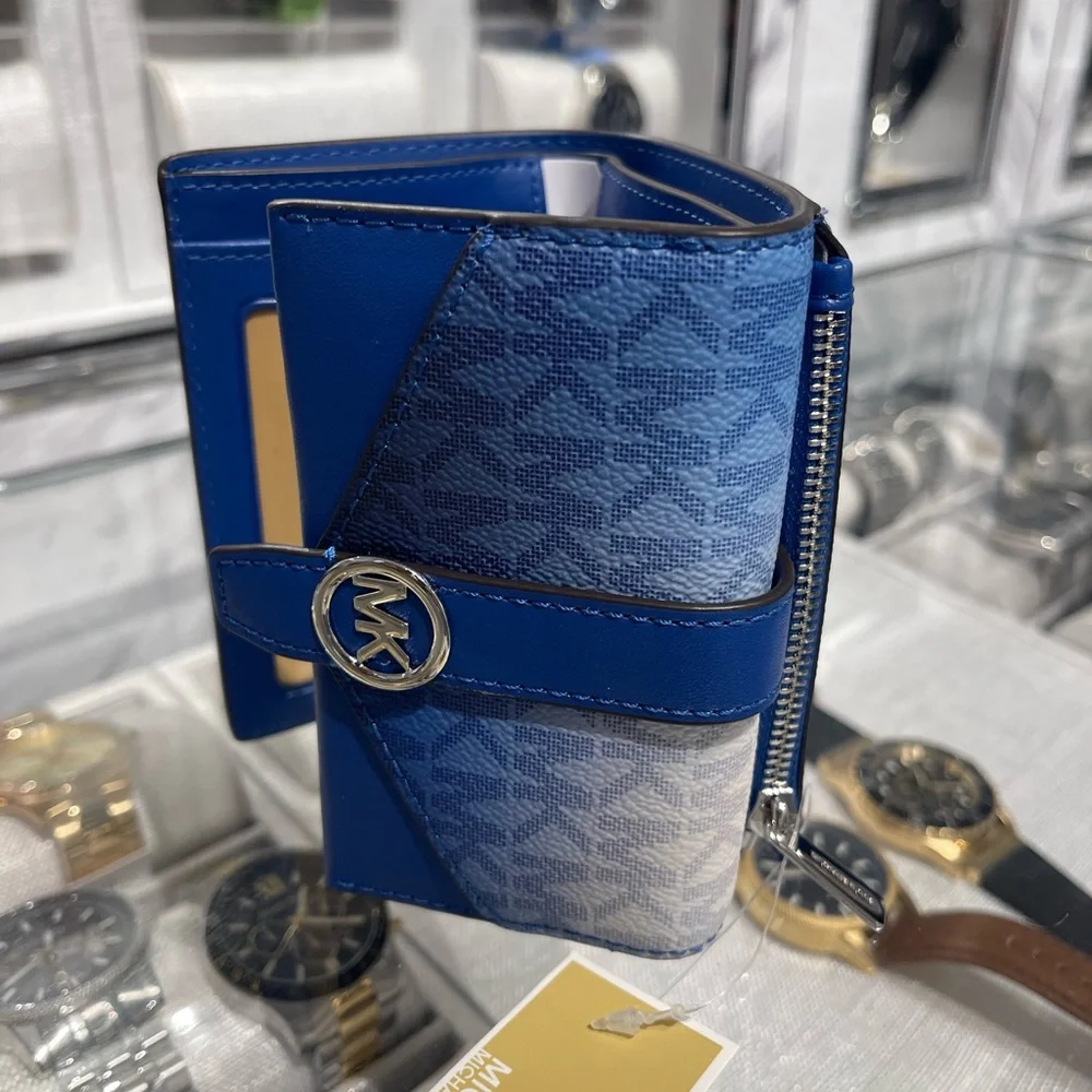 MICHAEL KORS Greenwich Med Ombré Signature Logo Tri-Fold Wallet Galaxy Blue NWT